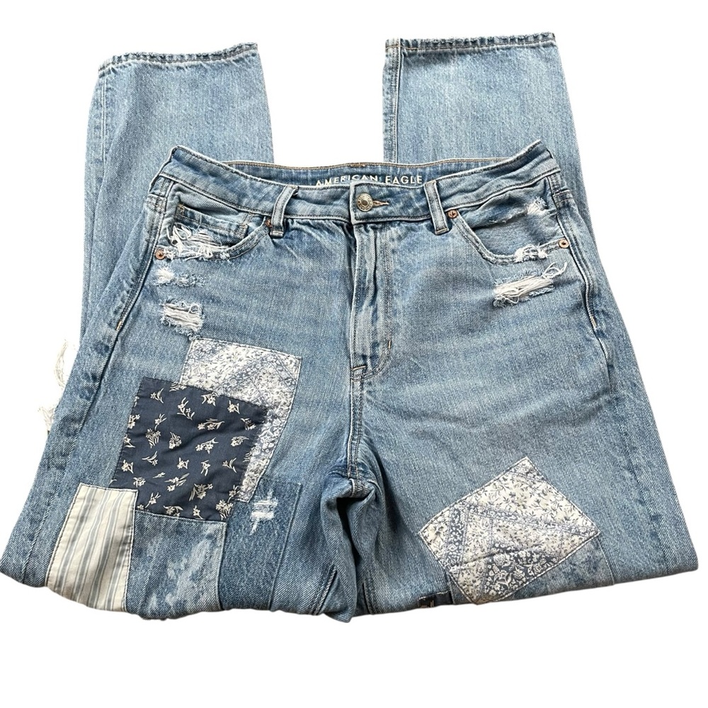 American Eagle Distressed Patchwork Mom Straight … - image 3